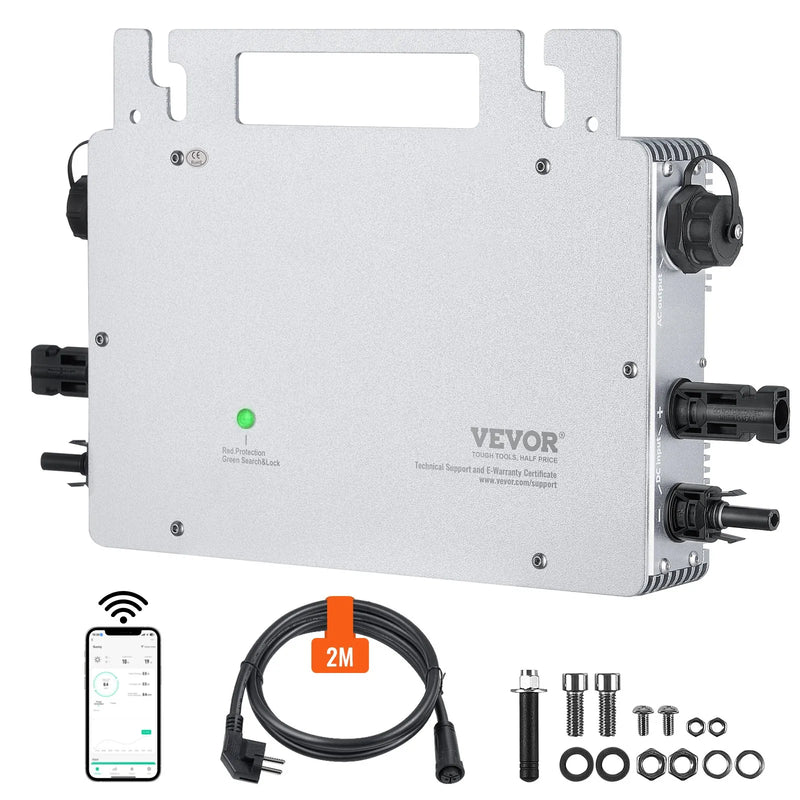 VEVOR tīklam pieslēdzams saules mikroinvertors, 600 W, saules mikroinvertors ar IP67 ūdensizturību, alumīnija sakausējuma korpuss, DC darba spriegums 18–50 V, ar lietotnes (APP) Wi-Fi antenu un barošanas kabeli, paredzēts saules paneļu sistēmām.