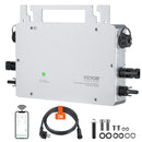 VEVOR tīklam pieslēdzams saules mikroinvertors, 600 W, saules mikroinvertors ar IP67 ūdensizturību, alumīnija sakausējuma korpuss, DC darba spriegums 18–50 V, ar lietotnes (APP) Wi-Fi antenu un barošanas kabeli, paredzēts saules paneļu sistēmām.