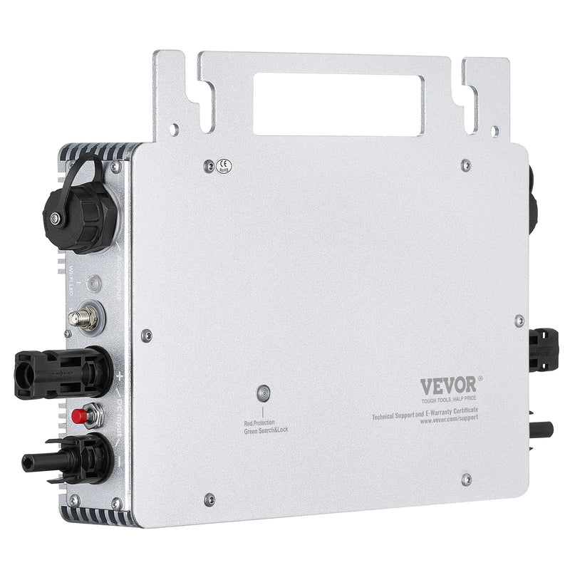 VEVOR tīklam pieslēdzams saules mikroinvertors, 600 W, saules mikroinvertors ar IP67 ūdensizturību, alumīnija sakausējuma korpuss, DC darba spriegums 18–50 V, ar lietotnes (APP) Wi-Fi antenu un barošanas kabeli, paredzēts saules paneļu sistēmām.