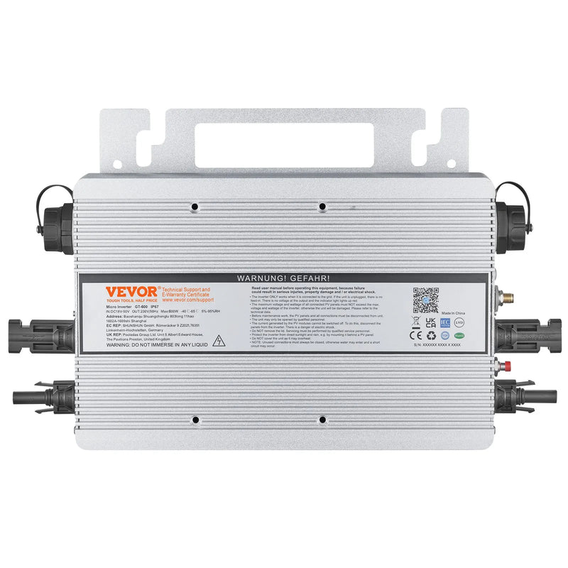 VEVOR tīklam pieslēdzams saules mikroinvertors, 600 W, saules mikroinvertors ar IP67 ūdensizturību, alumīnija sakausējuma korpuss, DC darba spriegums 18–50 V, ar lietotnes (APP) Wi-Fi antenu un barošanas kabeli, paredzēts saules paneļu sistēmām.