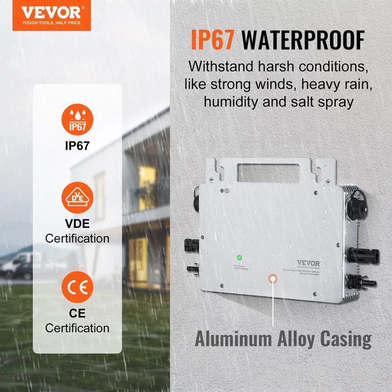 VEVOR tīklam pieslēdzams saules mikroinvertors, 600 W, saules mikroinvertors ar IP67 ūdensizturību, alumīnija sakausējuma korpuss, DC darba spriegums 18–50 V, ar lietotnes (APP) Wi-Fi antenu un barošanas kabeli, paredzēts saules paneļu sistēmām.