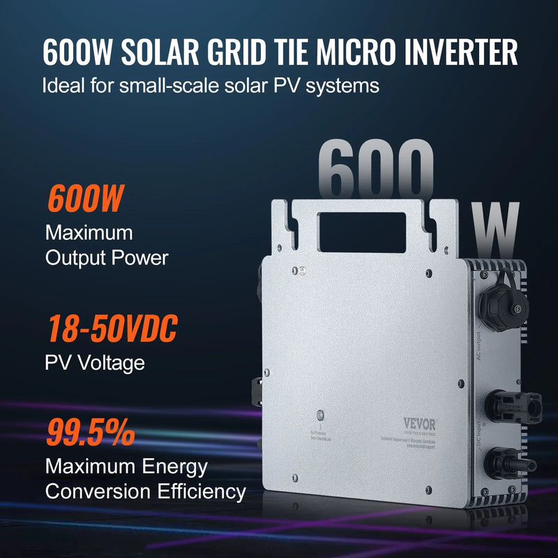 VEVOR tīklam pieslēdzams saules mikroinvertors, 600 W, saules mikroinvertors ar IP67 ūdensizturību, alumīnija sakausējuma korpuss, DC darba spriegums 18–50 V, ar lietotnes (APP) Wi-Fi antenu un barošanas kabeli, paredzēts saules paneļu sistēmām.