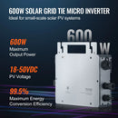 VEVOR tīklam pieslēdzams saules mikroinvertors, 600 W, saules mikroinvertors ar IP67 ūdensizturību, alumīnija sakausējuma korpuss, DC darba spriegums 18–50 V, ar lietotnes (APP) Wi-Fi antenu un barošanas kabeli, paredzēts saules paneļu sistēmām.