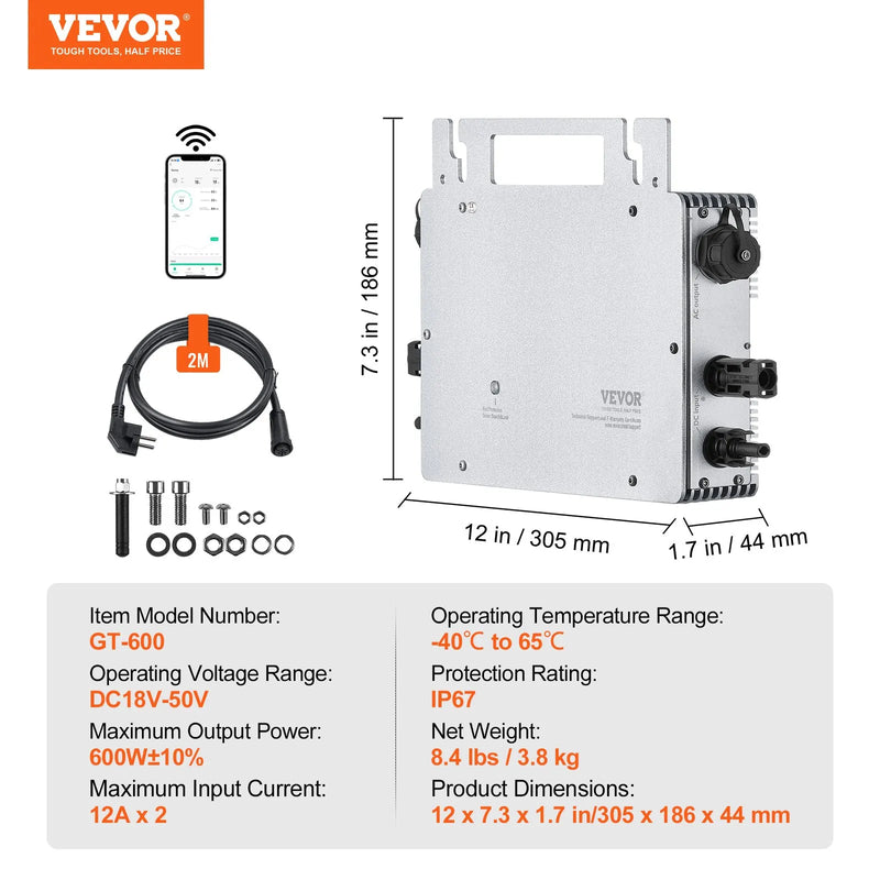 VEVOR tīklam pieslēdzams saules mikroinvertors, 600 W, saules mikroinvertors ar IP67 ūdensizturību, alumīnija sakausējuma korpuss, DC darba spriegums 18–50 V, ar lietotnes (APP) Wi-Fi antenu un barošanas kabeli, paredzēts saules paneļu sistēmām.