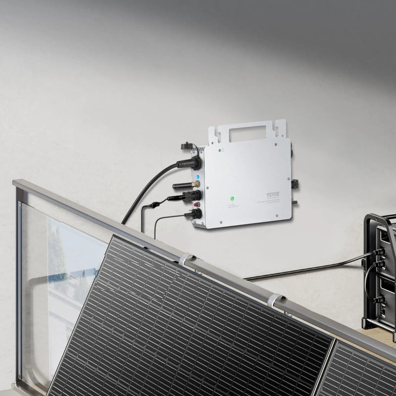 VEVOR tīklam pieslēdzams saules mikroinvertors, 600 W, saules mikroinvertors ar IP67 ūdensizturību, alumīnija sakausējuma korpuss, DC darba spriegums 18–50 V, ar lietotnes (APP) Wi-Fi antenu un barošanas kabeli, paredzēts saules paneļu sistēmām.