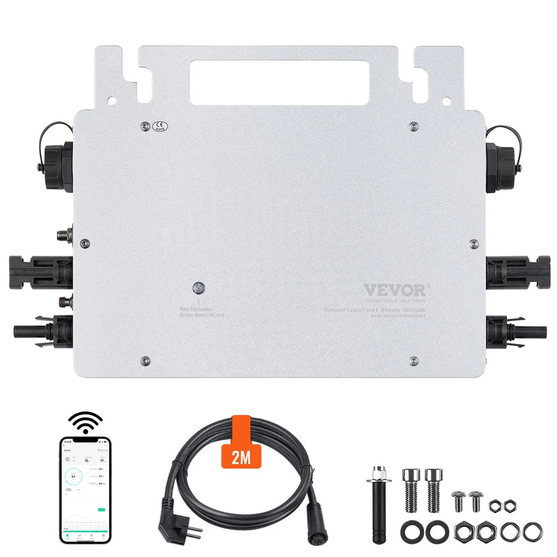 VEVOR tīklam pieslēdzams saules mikroinvertors, 600 W, saules mikroinvertors ar IP67 ūdensizturību, alumīnija sakausējuma korpuss, DC darba spriegums 18–50 V, ar lietotnes (APP) Wi-Fi antenu un barošanas kabeli, paredzēts saules paneļu sistēmām.