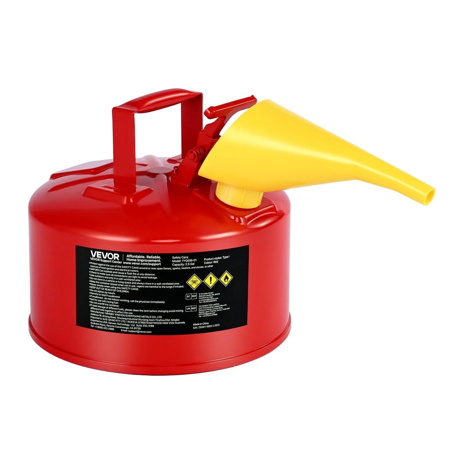 VEVOR drošības degvielas kanna 9,5 l, I tipa benzīna kanna sarkanā krāsā ar nerūsējošā tērauda liesmas slāpētāju, pašnoslēdzošu vāku un PE piltuvi, oglekļa tērauda uzliesmojošu šķidrumu uzglabāšanas tvertne ar ergonomisku rokturi