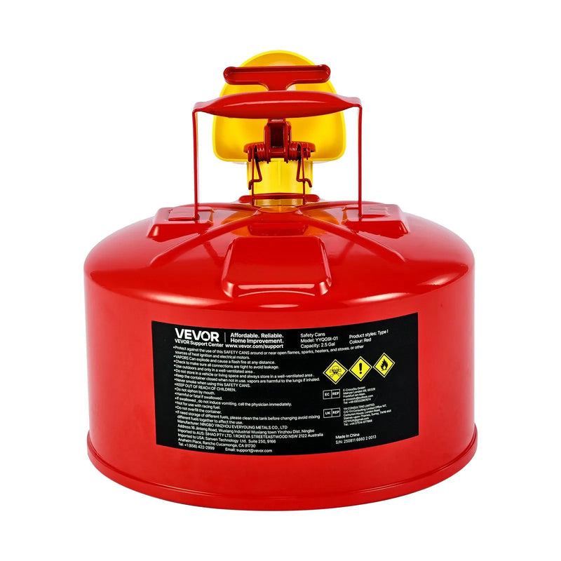 VEVOR drošības degvielas kanna 9,5 l, I tipa benzīna kanna sarkanā krāsā ar nerūsējošā tērauda liesmas slāpētāju, pašnoslēdzošu vāku un PE piltuvi, oglekļa tērauda uzliesmojošu šķidrumu uzglabāšanas tvertne ar ergonomisku rokturi