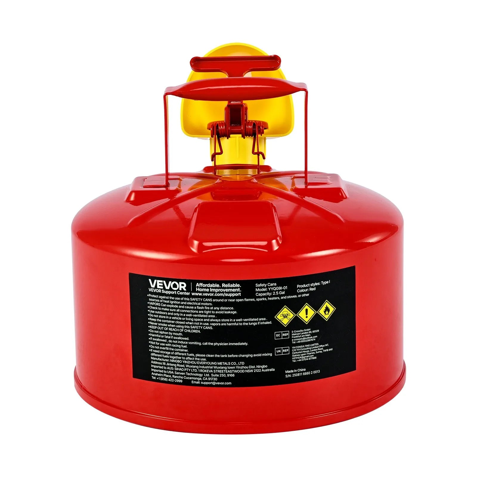 VEVOR drošības degvielas kanna 9,5 l, I tipa benzīna kanna sarkanā krāsā ar nerūsējošā tērauda liesmas slāpētāju, pašnoslēdzošu vāku un PE piltuvi, oglekļa tērauda uzliesmojošu šķidrumu uzglabāšanas tvertne ar ergonomisku rokturi