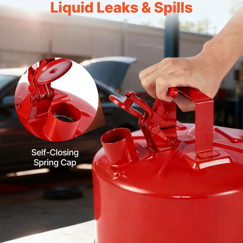 VEVOR drošības degvielas kanna 9,5 l, I tipa benzīna kanna sarkanā krāsā ar nerūsējošā tērauda liesmas slāpētāju, pašnoslēdzošu vāku un PE piltuvi, oglekļa tērauda uzliesmojošu šķidrumu uzglabāšanas tvertne ar ergonomisku rokturi