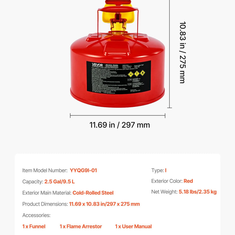 VEVOR drošības degvielas kanna 9,5 l, I tipa benzīna kanna sarkanā krāsā ar nerūsējošā tērauda liesmas slāpētāju, pašnoslēdzošu vāku un PE piltuvi, oglekļa tērauda uzliesmojošu šķidrumu uzglabāšanas tvertne ar ergonomisku rokturi