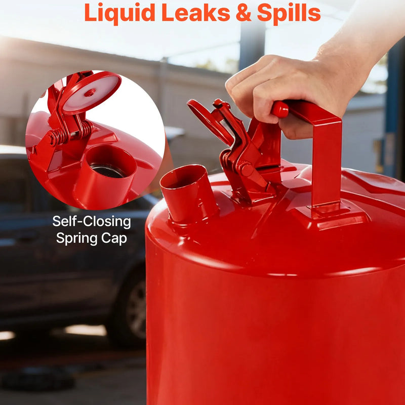 VEVOR drošības degvielas kanna, 19 l I tipa benzīna kanna ar nerūsējošā tērauda liesmas slāpētāju, pašnoslēdzošu vāku un PE piltuvi, no oglekļa tērauda izgatavots uzliesmojošas degvielas uzglabāšanas konteiners ar ergonomisku rokturi