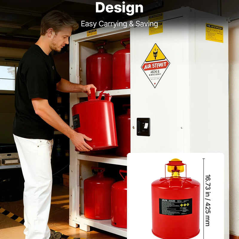 VEVOR drošības degvielas kanna, 19 l I tipa benzīna kanna ar nerūsējošā tērauda liesmas slāpētāju, pašnoslēdzošu vāku un PE piltuvi, no oglekļa tērauda izgatavots uzliesmojošas degvielas uzglabāšanas konteiners ar ergonomisku rokturi