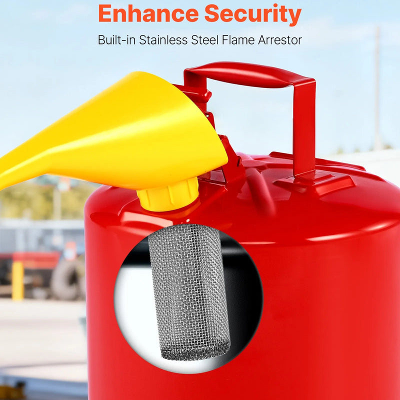 VEVOR drošības degvielas kanna, 19 l I tipa benzīna kanna ar nerūsējošā tērauda liesmas slāpētāju, pašnoslēdzošu vāku un PE piltuvi, no oglekļa tērauda izgatavots uzliesmojošas degvielas uzglabāšanas konteiners ar ergonomisku rokturi