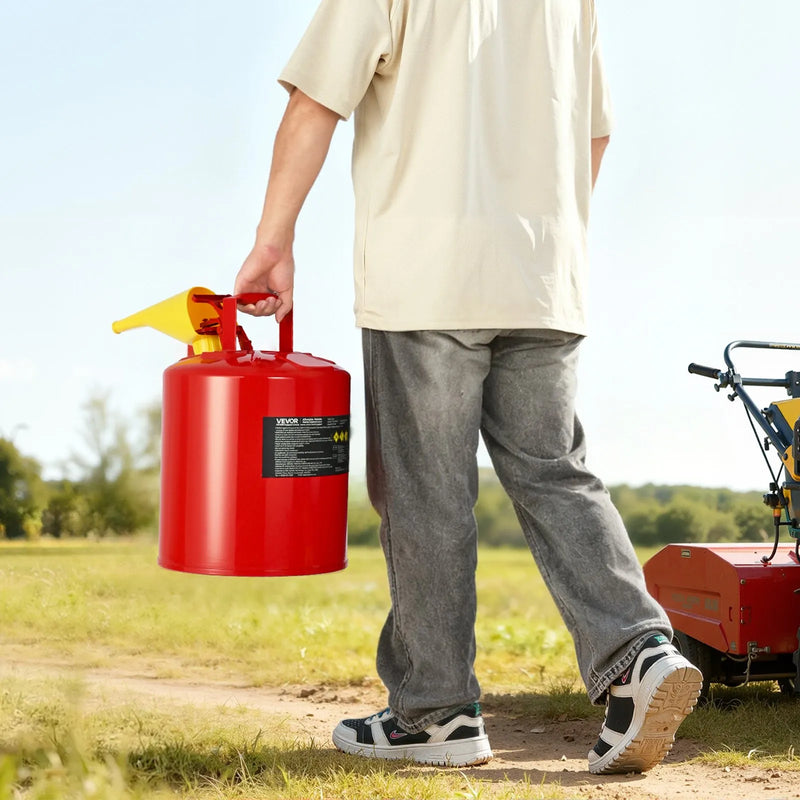VEVOR drošības degvielas kanna, 19 l I tipa benzīna kanna ar nerūsējošā tērauda liesmas slāpētāju, pašnoslēdzošu vāku un PE piltuvi, no oglekļa tērauda izgatavots uzliesmojošas degvielas uzglabāšanas konteiners ar ergonomisku rokturi