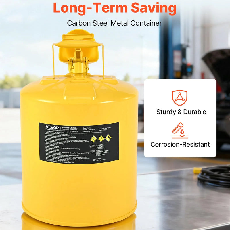 VEVOR drošības degvielas kanna 19 l, I tipa dīzeļdegvielas kanna dzeltenā krāsā ar nerūsējošā tērauda liesmas slāpētāju, pašnoslēdzošu vāku un PE piltuvi, oglekļa tērauda degvielas uzglabāšanas tvertne ar ergonomisku rokturi