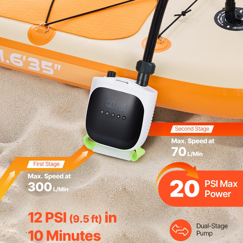 VEVOR SUP dēļa sūknis 20 PSI ar akumulatoru, divpakāpju piepūšanu un iztukšošanu, automātisku izslēgšanos piepūšamiem dēļiem, teltīm un matračiem