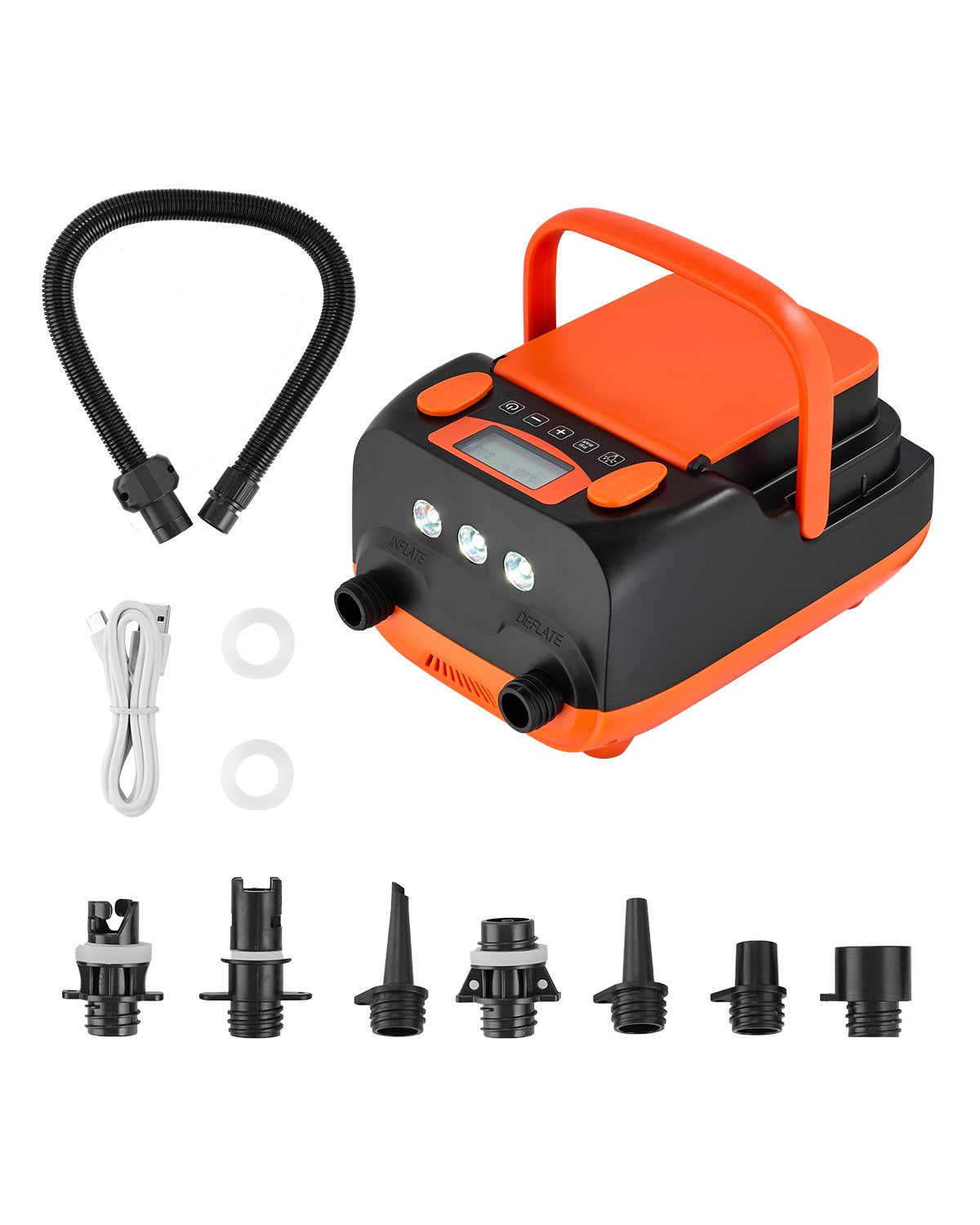 VEVOR SUP dēļa sūknis 20 PSI ar akumulatoru, divpakāpju piepūšanu un iztukšošanu, automātisku izslēgšanos, 12 V DC auto pieslēgumu un LED apgaismojumu piepūšamām laivām, teltīm un matračiem