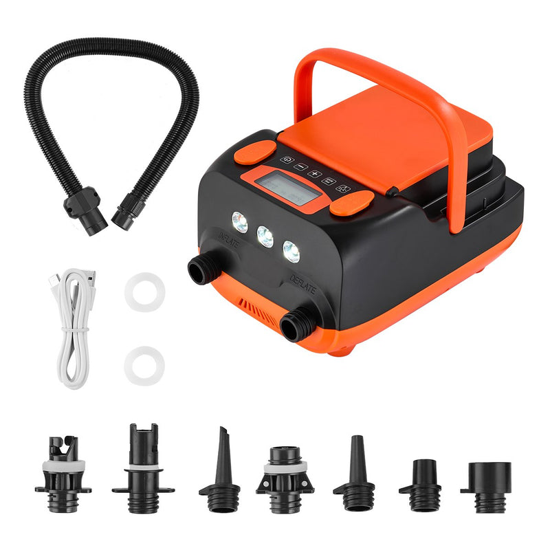 VEVOR SUP dēļa sūknis 20 PSI ar akumulatoru, divpakāpju piepūšanu un iztukšošanu, automātisku izslēgšanos, 12 V DC auto pieslēgumu un LED apgaismojumu piepūšamām laivām, teltīm un matračiem