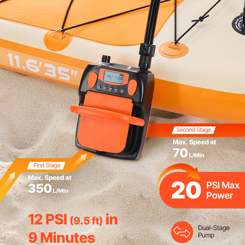 VEVOR SUP dēļa sūknis 20 PSI ar akumulatoru, divpakāpju piepūšanu un iztukšošanu, automātisku izslēgšanos, 12 V DC auto pieslēgumu un LED apgaismojumu piepūšamām laivām, teltīm un matračiem
