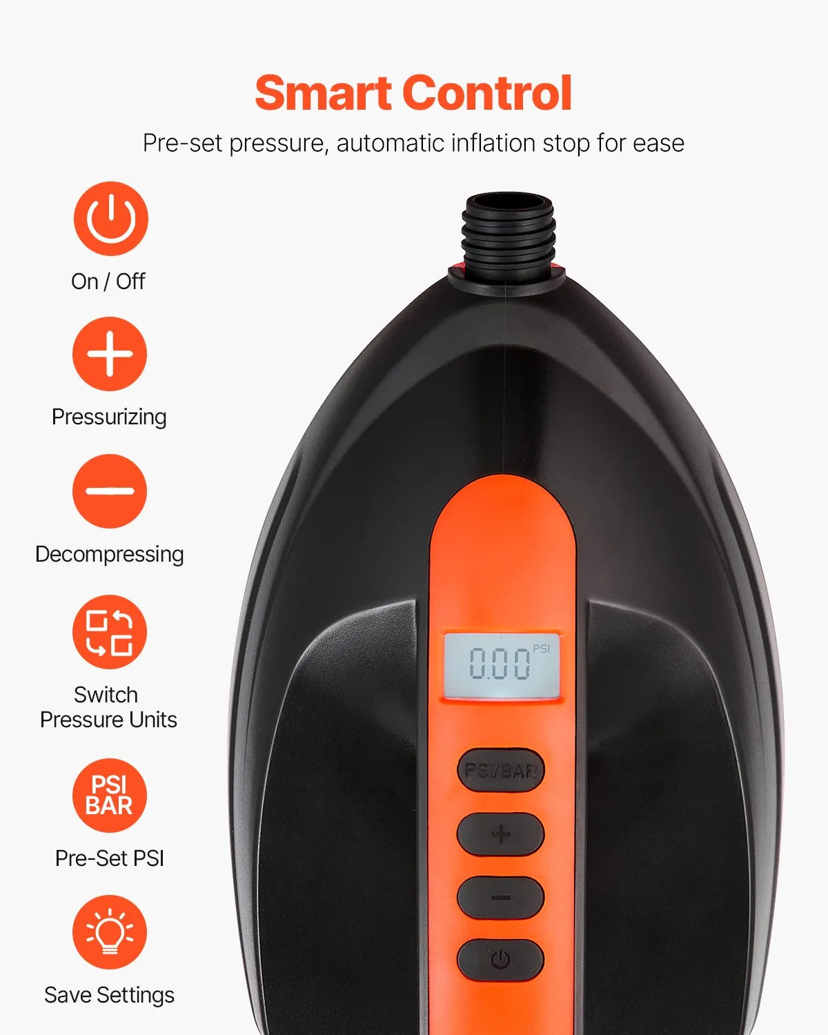 VEVOR SUP dēļa sūknis 20 PSI ar 70 l/min piepūšanas ātrumu, automātisku izslēgšanos un 12 V DC auto pieslēgumu piepūšamiem dēļiem, teltīm un matračiem