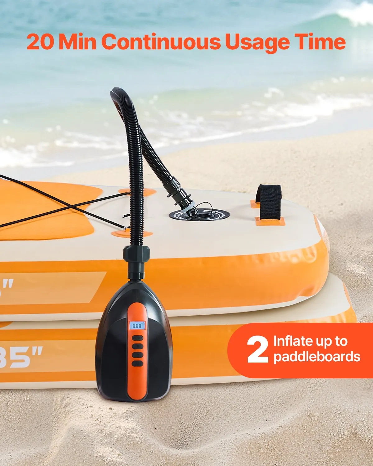 VEVOR SUP dēļa sūknis 20 PSI ar 70 l/min piepūšanas ātrumu, automātisku izslēgšanos un 12 V DC auto pieslēgumu piepūšamiem dēļiem, teltīm un matračiem
