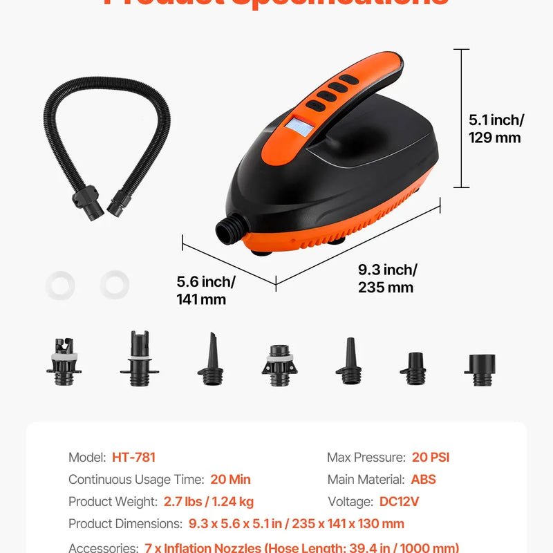 VEVOR SUP dēļa sūknis 20 PSI ar 70 l/min piepūšanas ātrumu, automātisku izslēgšanos un 12 V DC auto pieslēgumu piepūšamiem dēļiem, teltīm un matračiem
