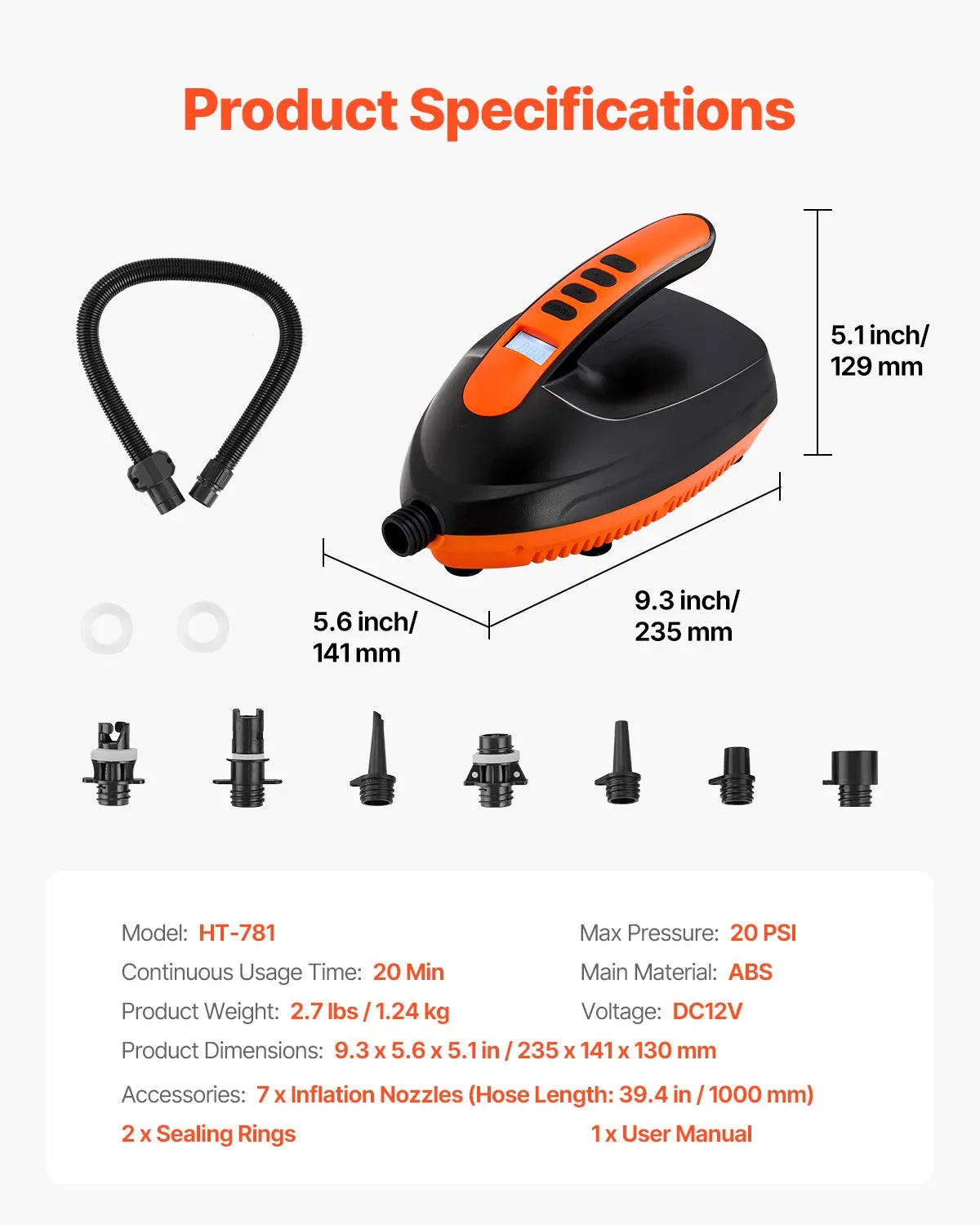 VEVOR SUP dēļa sūknis 20 PSI ar 70 l/min piepūšanas ātrumu, automātisku izslēgšanos un 12 V DC auto pieslēgumu piepūšamiem dēļiem, teltīm un matračiem