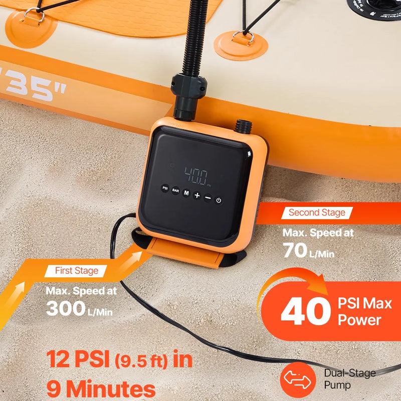 VEVOR SUP dēļa sūknis 40 PSI ar divpakāpju piepūšanu un iztukšošanu, automātisku izslēgšanos un 12 V DC auto pieslēgumu piepūšamiem dēļiem, teltīm un matračiem