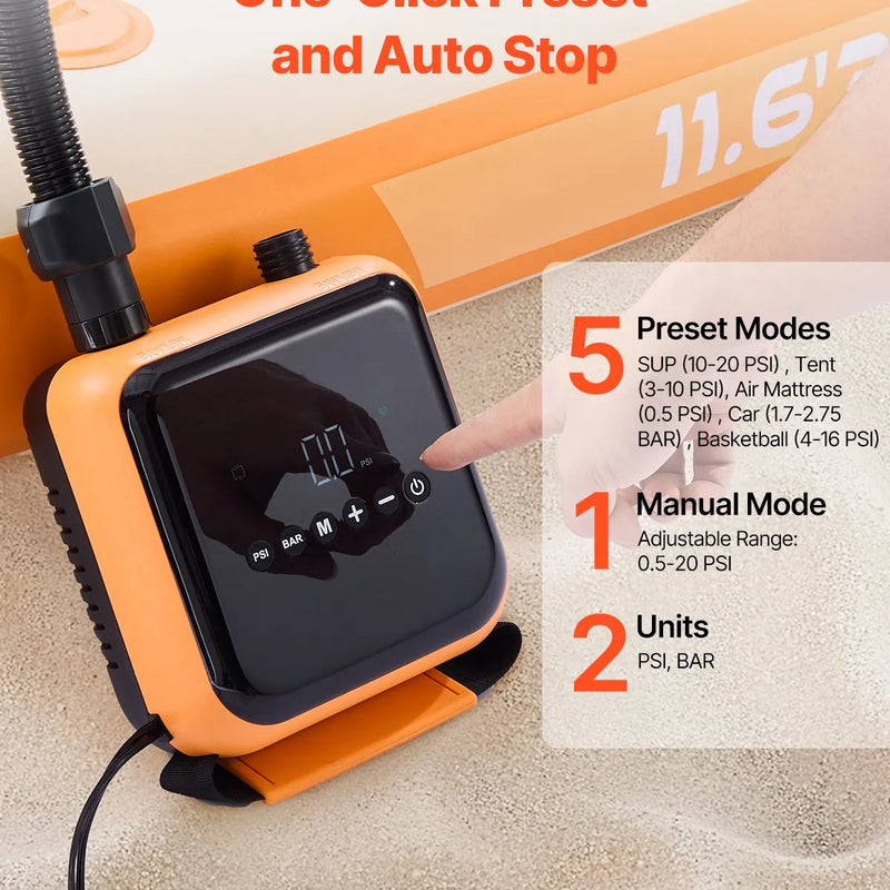 VEVOR SUP dēļa sūknis 40 PSI ar divpakāpju piepūšanu un iztukšošanu, automātisku izslēgšanos un 12 V DC auto pieslēgumu piepūšamiem dēļiem, teltīm un matračiem