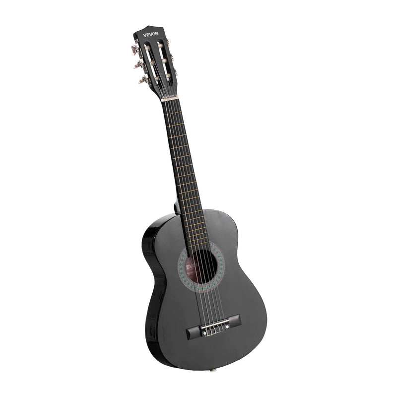 VEVOR klasiskā ģitāra, 780 mm, sākuma komplekts iesācējiem ar neilona stīgām, pārvalku, siksnu, skaņotāju, papildu stīgām, mediatoriem un kapo, liepkoka korpuss, bērniem un jauniešiem, melnā krāsā