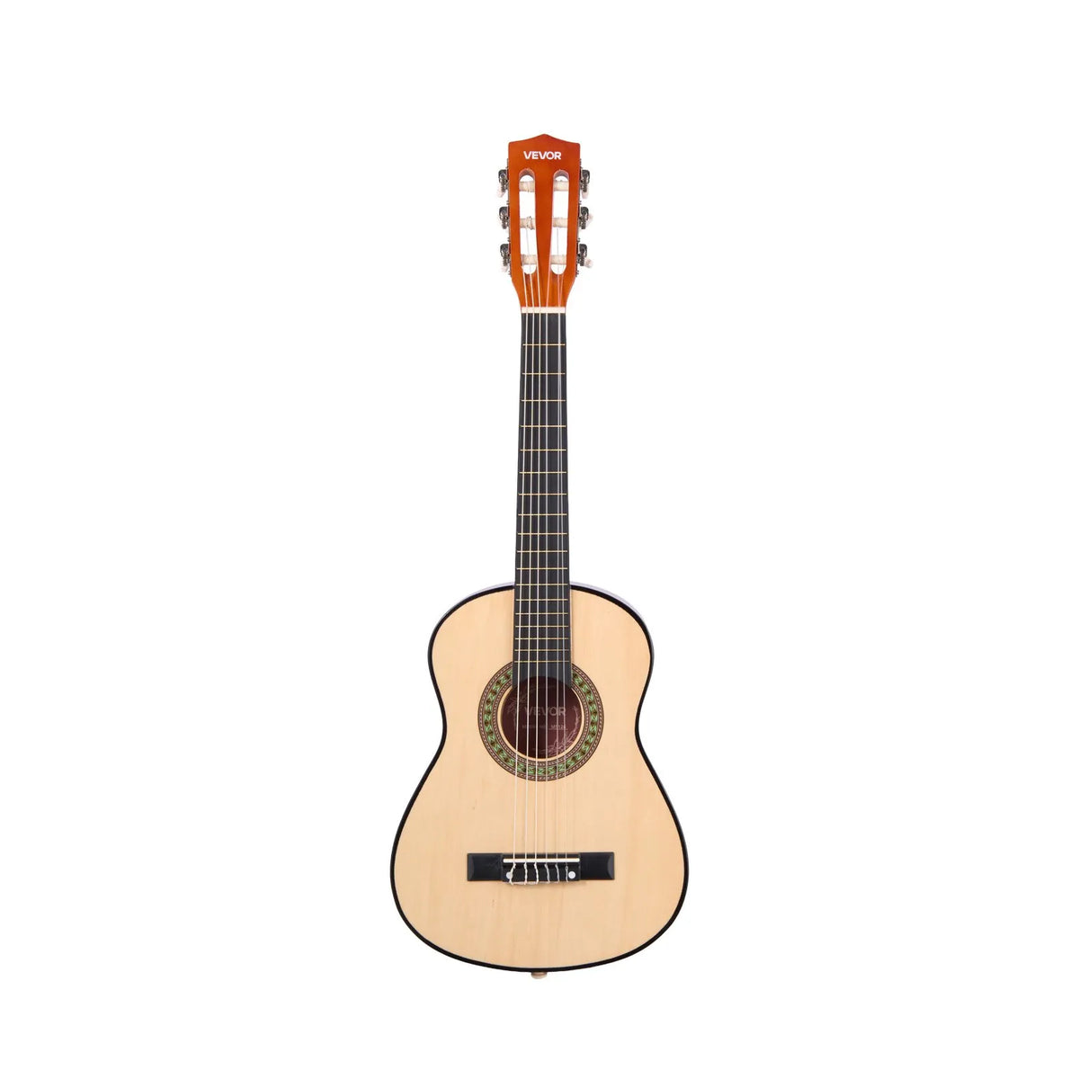 VEVOR klasiskā ģitāra, 780 mm, sākuma komplekts iesācējiem ar neilona stīgām, pārvalku, siksnu, skaņotāju, papildu stīgām, mediatoriem un kapo, liepkoka korpuss, bērniem un jauniešiem, dabīgā koka krāsā