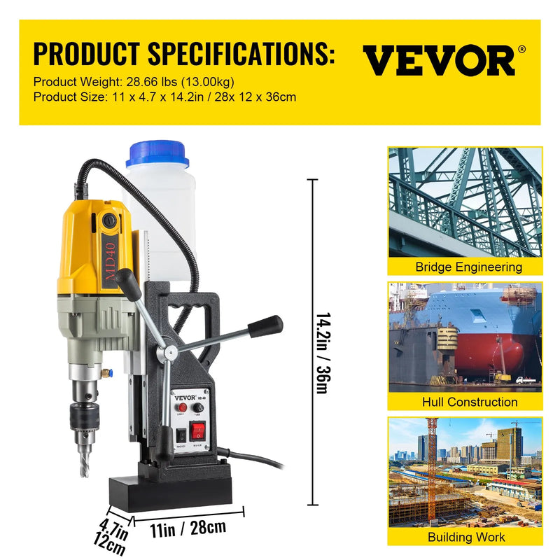 VEVOR 1100 W magnētiskā urbjmašīna ar 40 mm urbuma diametru, 12000 N noturību un 12 urbjiem, 580 apgr./min. portatīvā elektro urbjpresa metālam un mājas darbiem