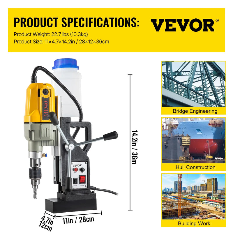 VEVOR 1100 W magnētiskā urbjmašīna ar 40 mm urbuma diametru, 12000 N noturības spēku un 7 urbjiem, 580 apgr./min. portatīvā urbjmašīna metālapstrādei un mājas darbiem