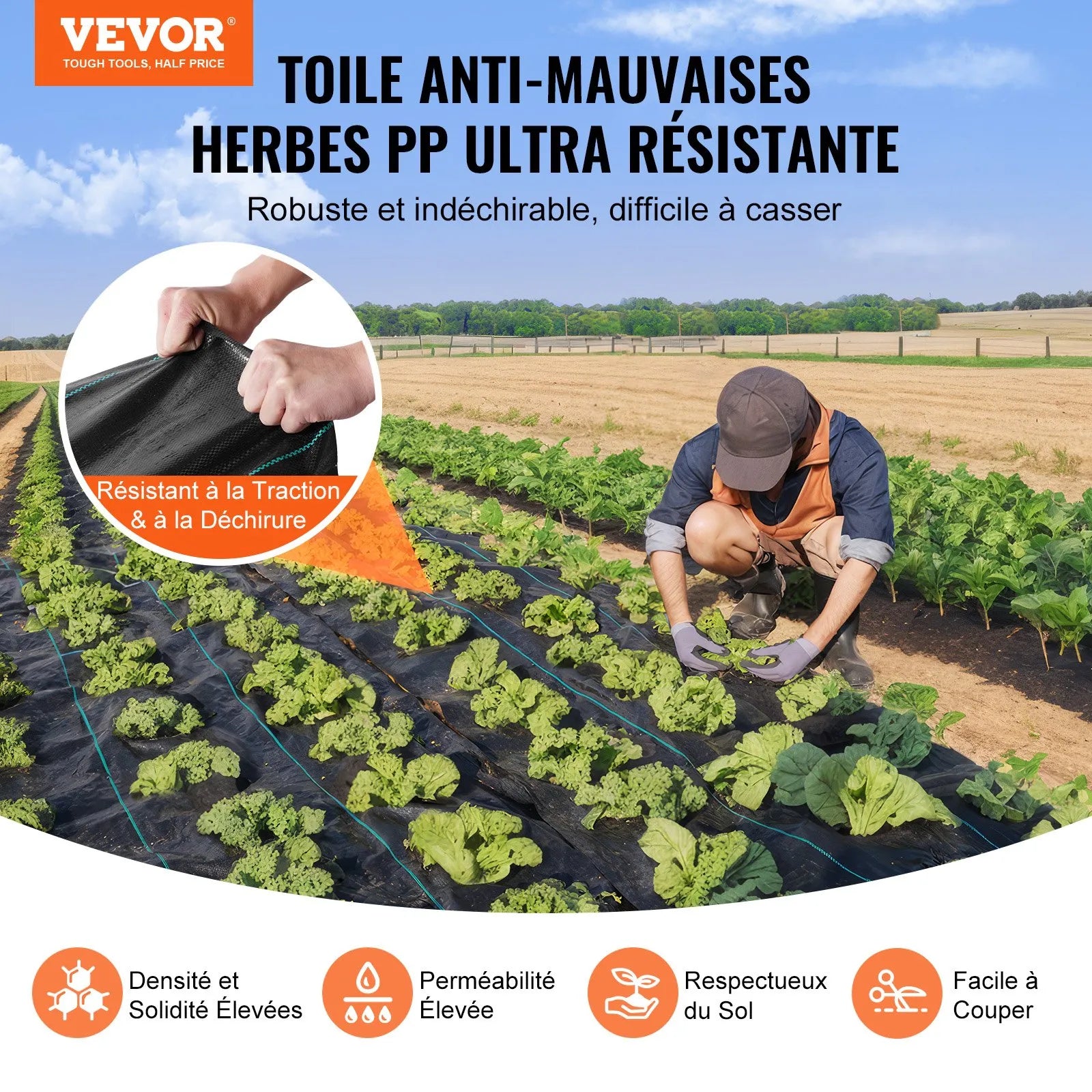 VEVOR nezāļu barjeras ainavu audums, 1 × 50 m smagās klases dārza nezāļu audums, austs PP nezāļu kontroles audums, piebraucamā ceļa audums, ģeotekstila audums ainavu veidošanai, zemes segums, nezāļu bloķēšanas paklājs, melns