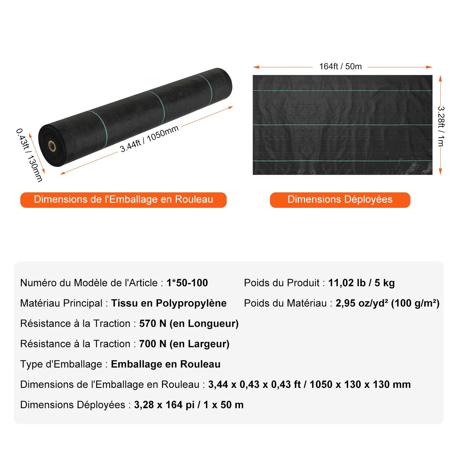 VEVOR nezāļu barjeras ainavu audums, 1 × 50 m smagās klases dārza nezāļu audums, austs PP nezāļu kontroles audums, piebraucamā ceļa audums, ģeotekstila audums ainavu veidošanai, zemes segums, nezāļu bloķēšanas paklājs, melns