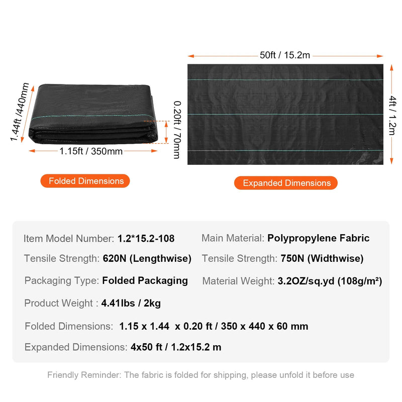 VEVOR Nezāļu ierobežošanas ainavu audums 1,22 x 15,24 m, pastiprināts austs PP dārza segums, ģeotekstils piebraucamajam ceļam un ainavu darbiem, zemes segums nezāļu kontrolei, melns