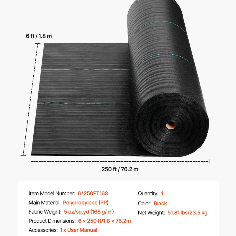 VEVOR nezāļu barjeras audums smagai slodzei, 1,8 x 76,2 m, 141,7 g/m² austs ainavu segums, nezāļu ierobežošanas pārklājums dārzam, ģeotekstila pamatne, melns