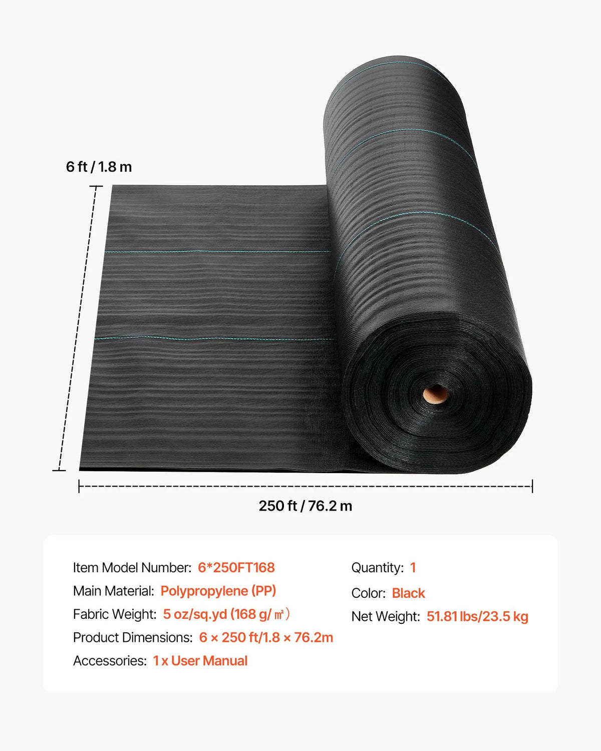 VEVOR nezāļu barjeras audums smagai slodzei, 1,8 x 76,2 m, 141,7 g/m² austs ainavu segums, nezāļu ierobežošanas pārklājums dārzam, ģeotekstila pamatne, melns