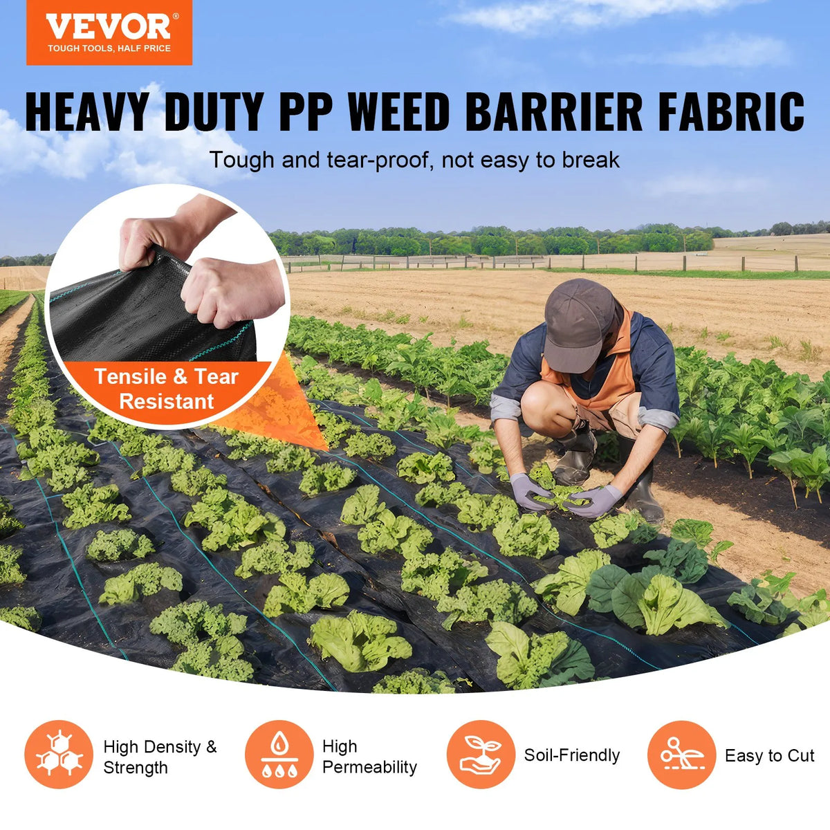 VEVOR nezāļu barjeras ainavu audums 1,83 x 91,44 m, izturīgs austs PP dārza nezāļu kontroles audums, piebraucamā ceļa un ģeotekstila audums ainavu labiekārtošanai, augsnes segums un nezāļu bloķēšanas paklājs, melns