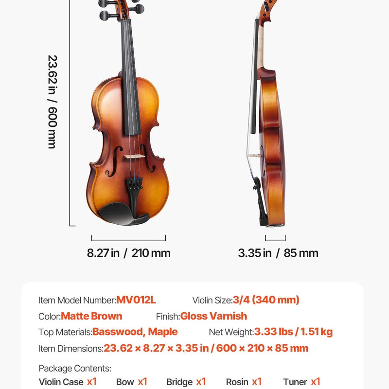 VEVOR vijole, 340 mm izmērs pieaugušajiem, iesācēju komplekts ar cieto futrāli, sveķiem, loci, plecu balstu, tiltiņu, skaņotāju un papildu stīgām, piemērota studentiem, brūnā krāsā