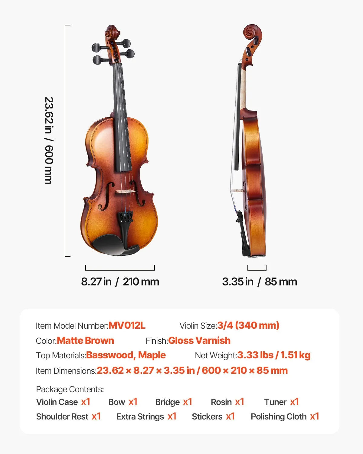 VEVOR vijole, 340 mm izmērs pieaugušajiem, iesācēju komplekts ar cieto futrāli, sveķiem, loci, plecu balstu, tiltiņu, skaņotāju un papildu stīgām, piemērota studentiem, brūnā krāsā
