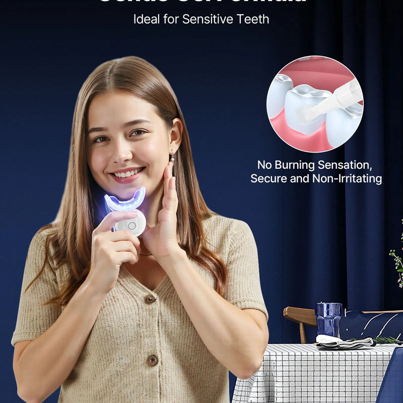 VEVOR zobu balināšanas komplekts ar LED gaismu, 32 LED paātrinātājgaismas, balināšanas sloksnēm, pildspalvām un gēla šļircēm, U veida uzgali, pārnēsājams bezvadu komplekts noturīgu traipu ātrai un efektīvai noņemšanai