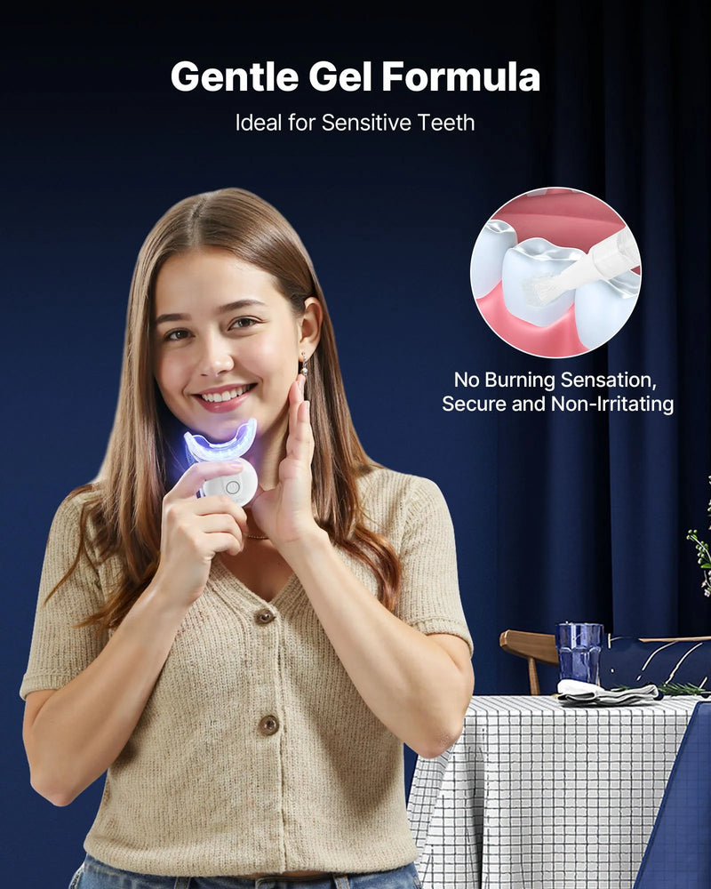 VEVOR zobu balināšanas komplekts ar LED gaismu, 32 LED paātrinātājgaismas, balināšanas sloksnēm, pildspalvām un gēla šļircēm, U veida uzgali, pārnēsājams bezvadu komplekts noturīgu traipu ātrai un efektīvai noņemšanai