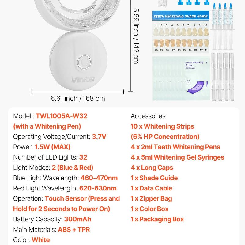 VEVOR zobu balināšanas komplekts ar LED gaismu, 32 LED paātrinātājgaismas, balināšanas sloksnēm, pildspalvām un gēla šļircēm, U veida uzgali, pārnēsājams bezvadu komplekts noturīgu traipu ātrai un efektīvai noņemšanai