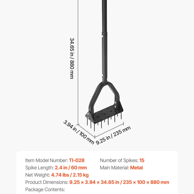 VEVOR manuāls zāliena aerators 234 mm ar 15 dzelzs tapām, zāliena aerācijas instruments ar garu rokturi un platu plāksni sablīvētai augsnei un zālieniem