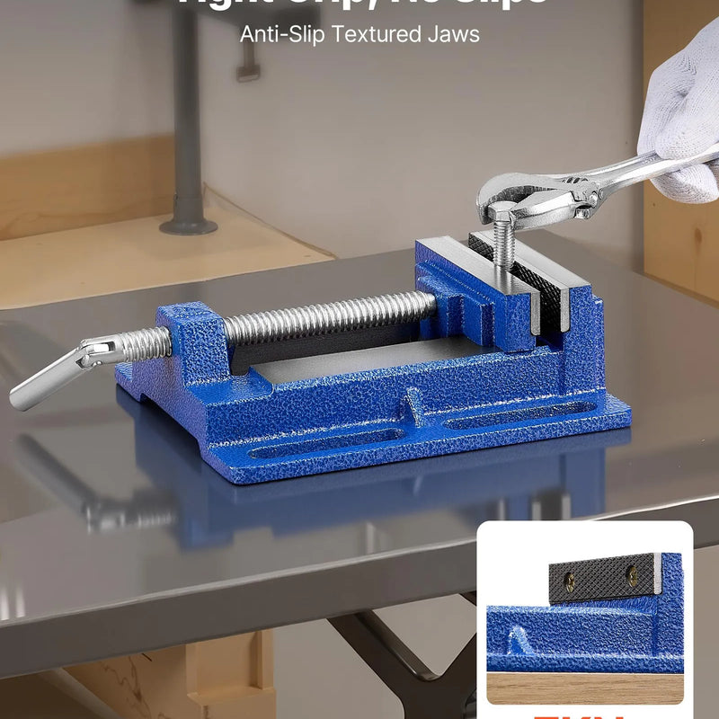 VEVOR urbjpreses skrūvspīles ar 102 mm žokļu platumu, pārnēsājamas darbagalda skrūvspīles ar rievotu pamatni vieglai uzstādīšanai, izturīgs čuguna korpuss, piemērotas kokapstrādei, metālapstrādei, urbšanai un griešanai