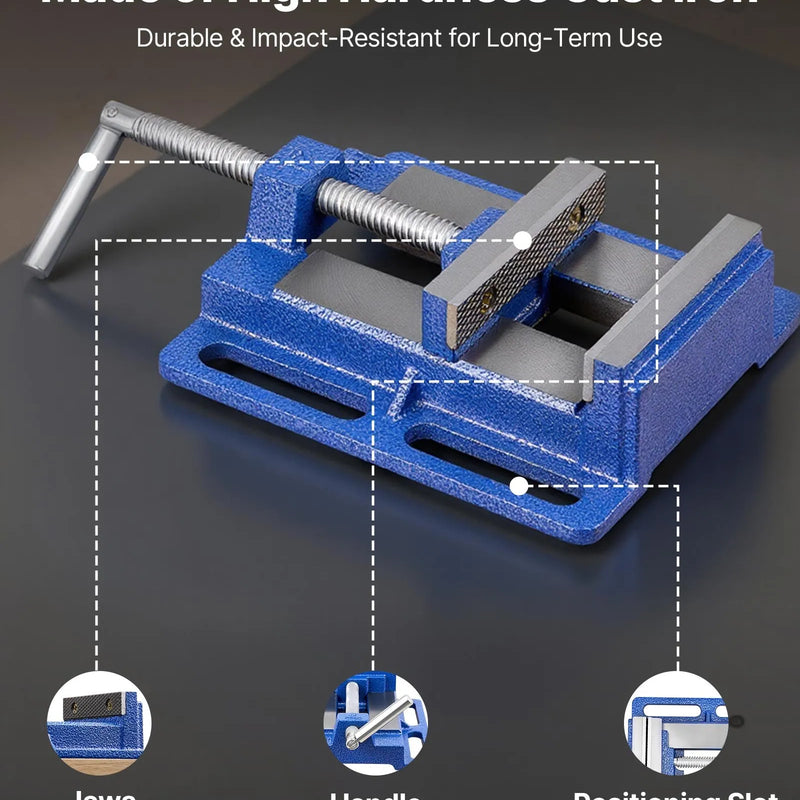 VEVOR urbjpreses skrūvspīles ar 102 mm žokļu platumu, pārnēsājamas darbagalda skrūvspīles ar rievotu pamatni vieglai uzstādīšanai, izturīgs čuguna korpuss, piemērotas kokapstrādei, metālapstrādei, urbšanai un griešanai