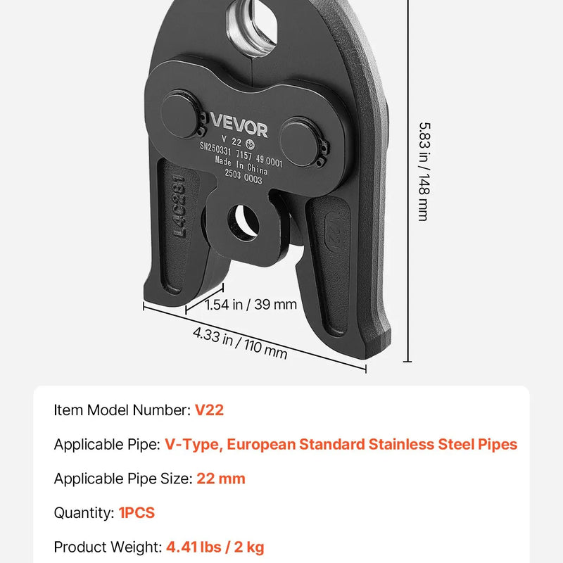 VEVOR presēšanas uzgalis V22, 22 mm, paredzēts V tipa nerūsējošā tērauda caurulēm, izgatavots no augstas stiprības cementēta tērauda, saderīgs ar standarta preses instrumentiem