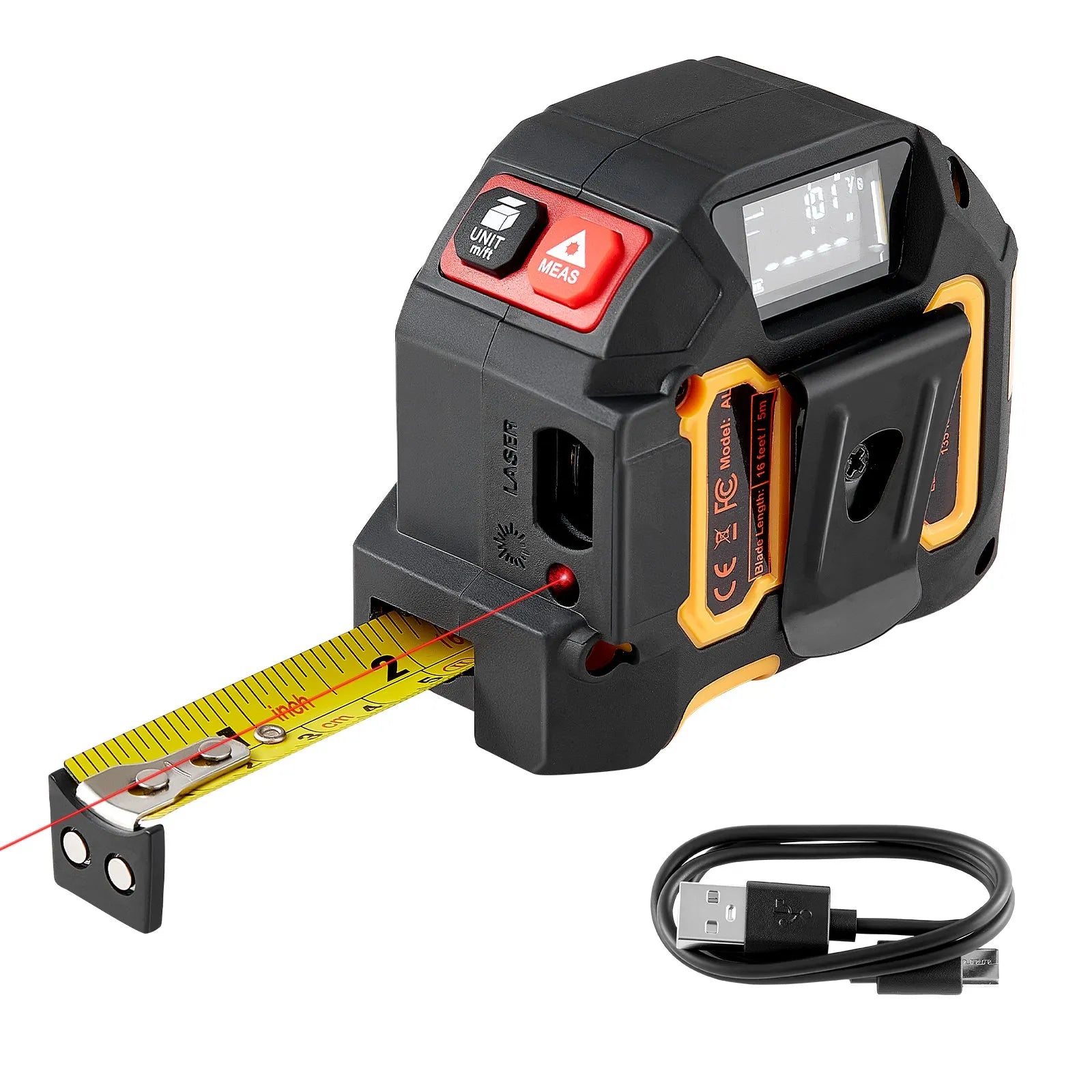 VEVOR 2-in-1 lāzera mērierīce ar 41 m lāzera mērījumu un 4,8 m magnētisku ruleti, uzlādējama, ar garuma, laukuma, tilpuma un nepārtrauktās mērīšanas režīmiem, mērvienības m/ft/in/ft+in, piemērota ārdarbiem un dekorēšanai